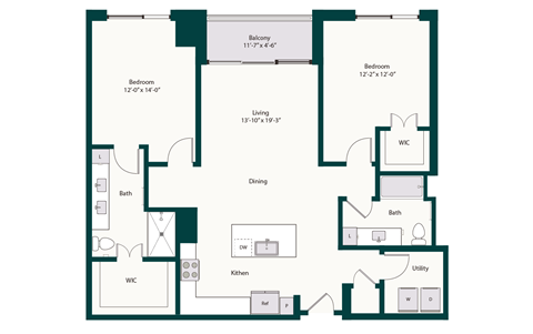 Floor plan for 2 beds, 2 baths, 1294 sqft